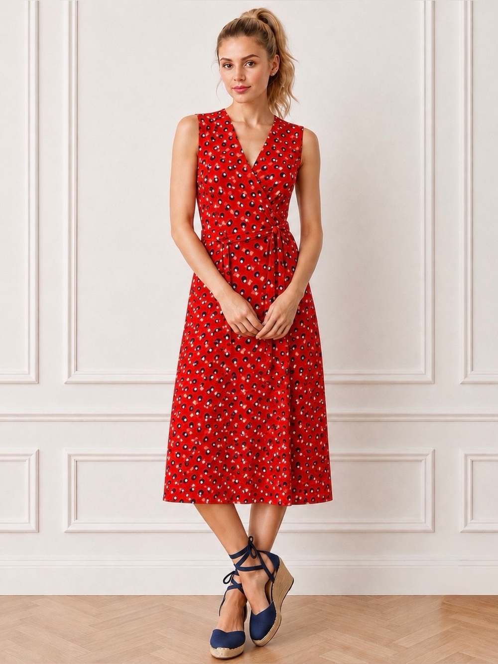 Leota $138 XS Martini Red Blue Dot Print Jersey Faux Wrap Retro Fit Flare Dress